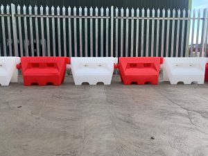 Red and white water filled traffic separators