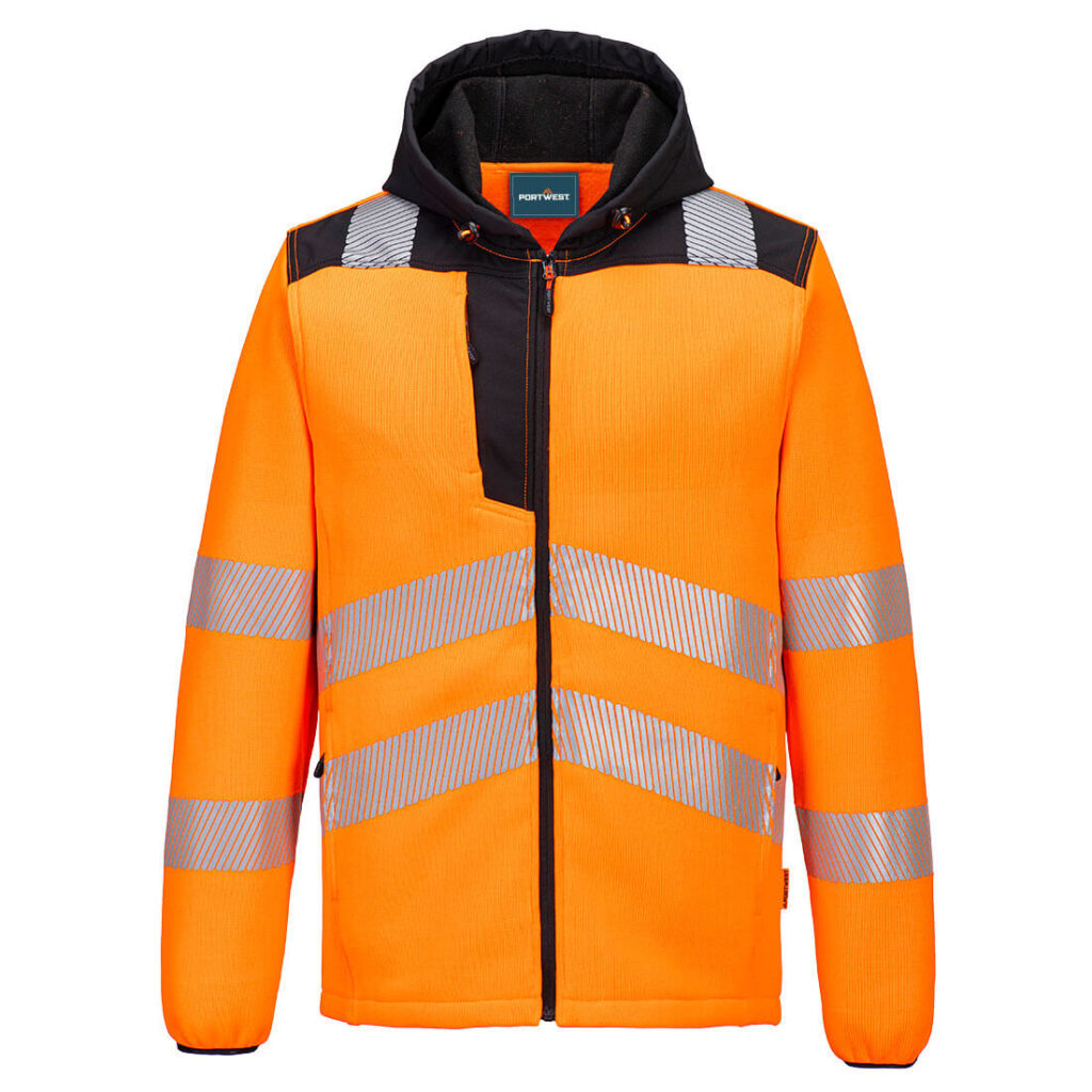 Portwest PW335 Hi-Vis Technical Fleece - Orange/Black - Hi vis Orange Fleece with hood