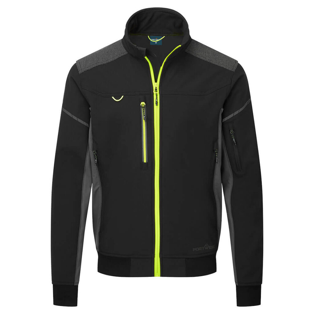 Portwest EV464 EV4 Softshell Bomber Jacket - Black with Yellow Zip - Front