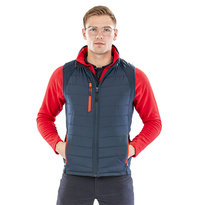 R238X Result Compass Padded Softshell Gilet - Navy and Red on model