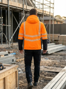 OAKLINE The Kimi Hi Vis Jacket In Orange - rear - hood down - walking through a construction site