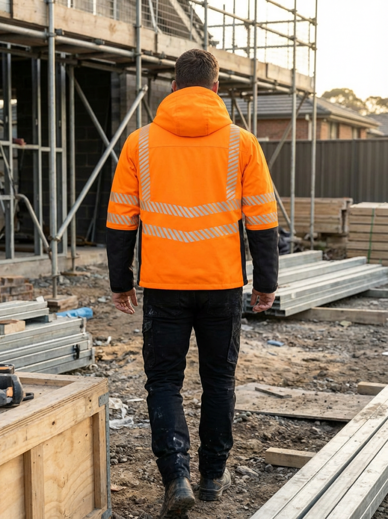 OAKLINE The Kimi Hi Vis Jacket In Orange - rear - hood down - walking through a construction site
