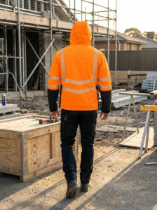 OAKLINE The Kimi Hi Vis Jacket In Orange - Rear - walking through a UK construction site