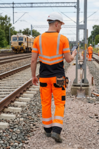 Model walking down the rail line with the OAKLINE The Robin Hi Vis T Shirt on
