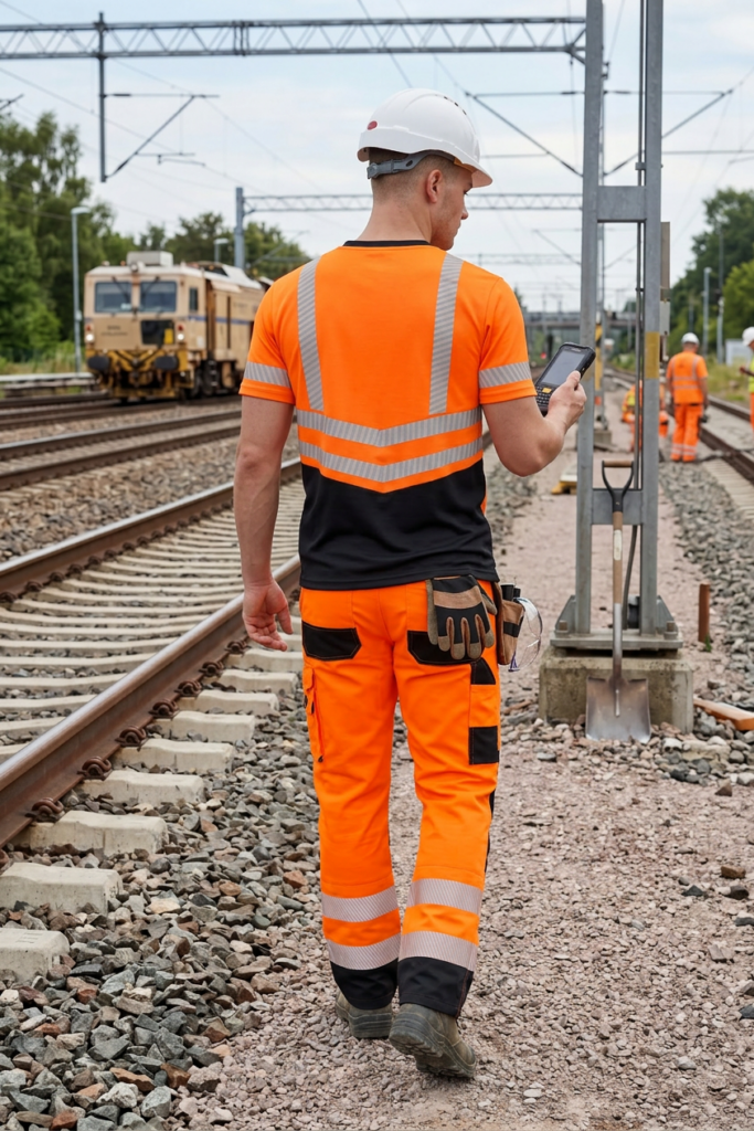 Model walking down the rail line with the OAKLINE The Robin Hi Vis T Shirt on