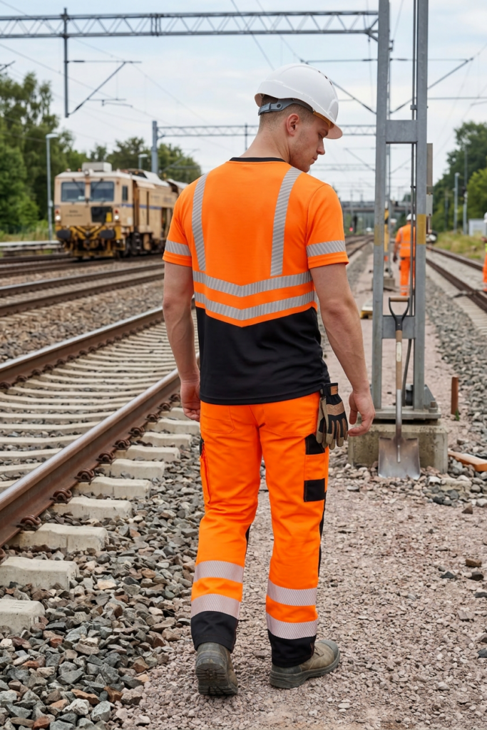 OAKLINE The Robin Hi Vis T Shirt - Orange - Rear - on the rail line