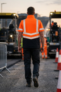 OAKLINE The Tod Hi Vis Bodywarmer - in Orange from the Rear - walking alongside traffic cones