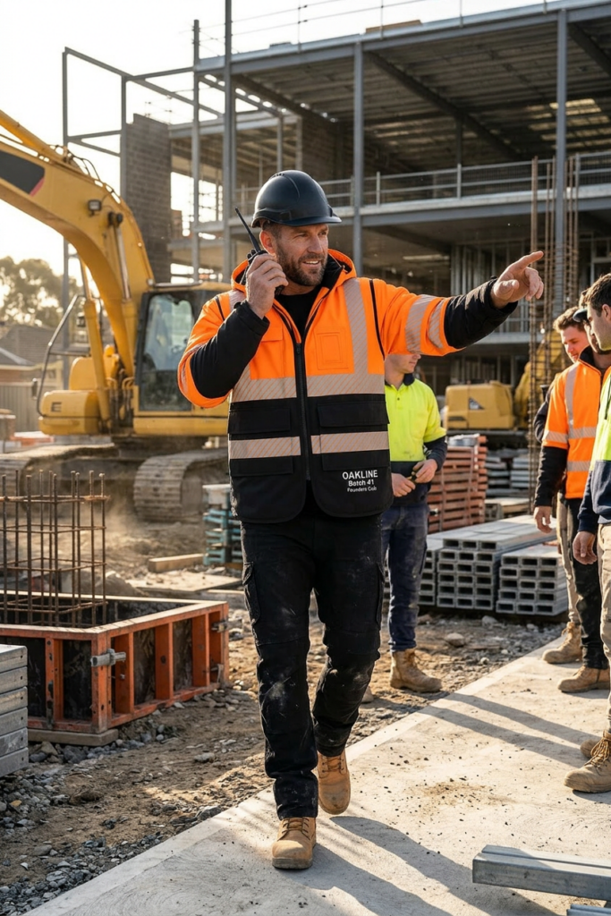 OAKLINE The Blake Hi Vis Executive Vest - in orange - site manager pointing and giving instructions