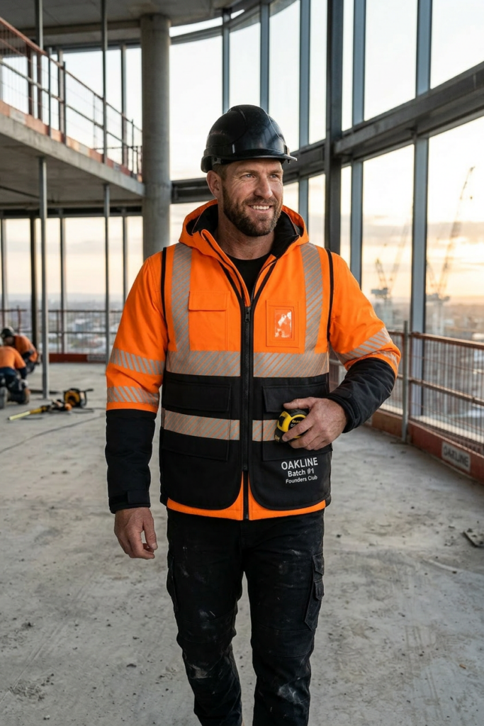 OAKLINE The Blake Hi Vis executive Vest in orange - walking through a open building