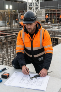 OAKLINE The Blake Hi Vis Executive Vest in Orange on a construction site