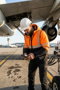 OAKLINE The Blake Hi Vis Executive Vest in Orange - underneath a airplane on a air strip