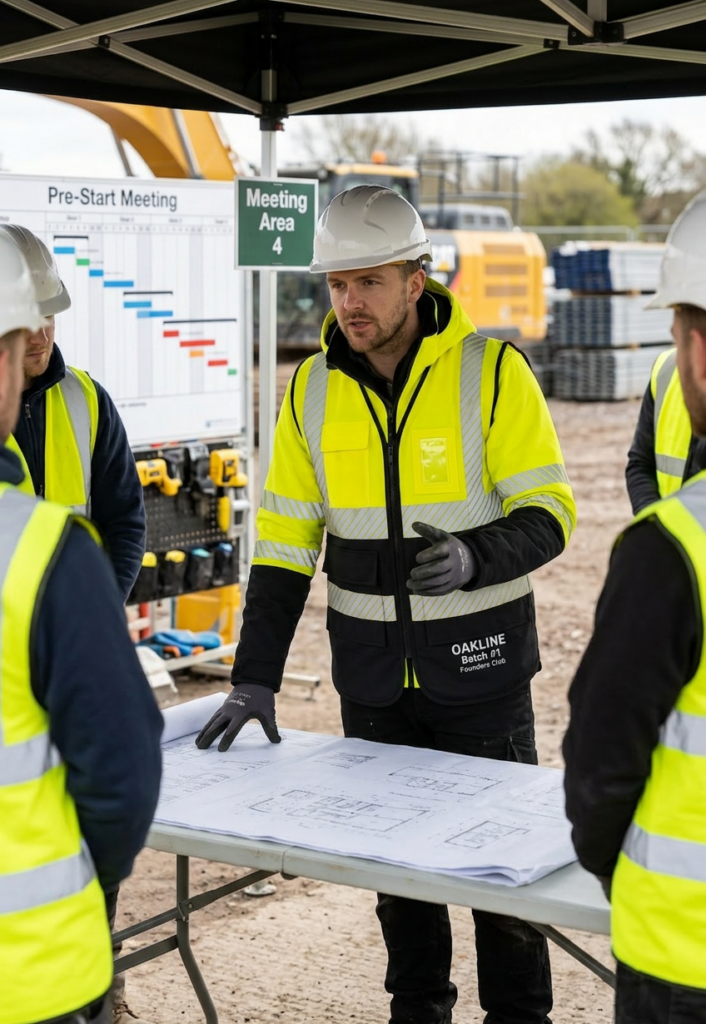 OAKLINE The Blake Hi Vis Executive Vest - in yellow - conducting a team meeting on site