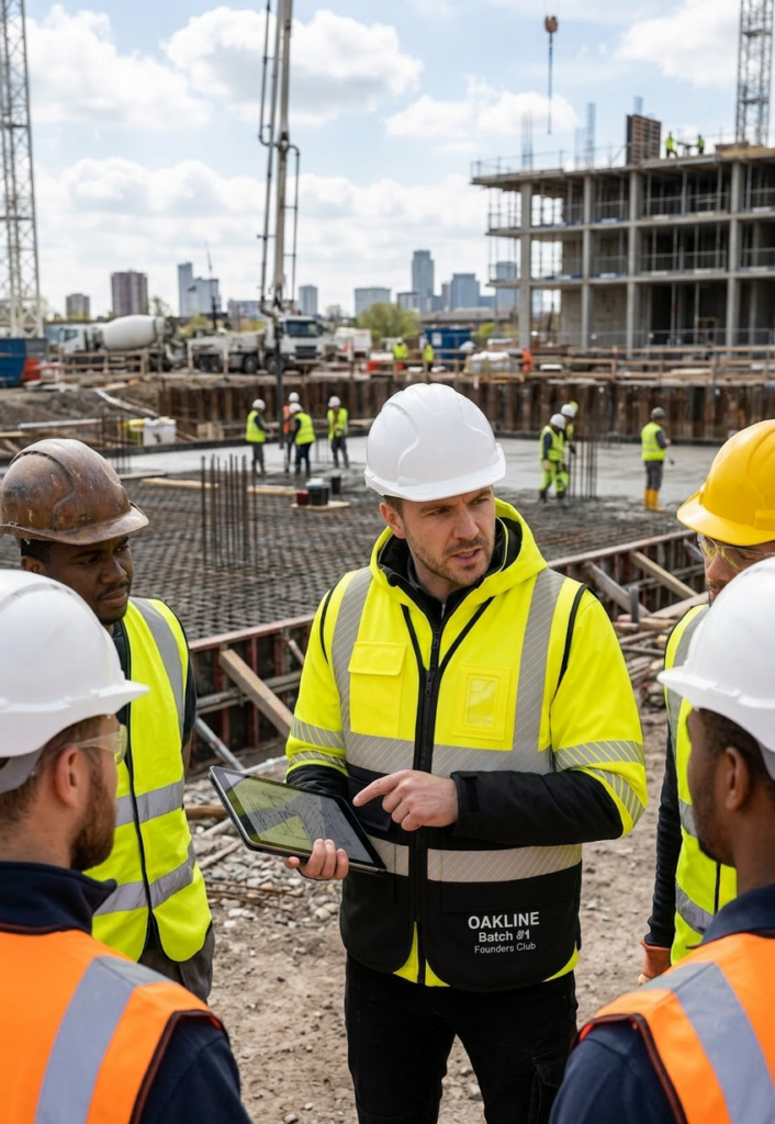 OAKLINE The Blake Hi Vis Executive Vest - in yellow - conducting a team meeting on site