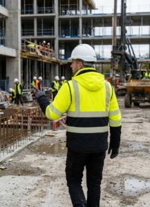 OAKLINE The Blake Hi Vis Executive Vest in yellow - on a busy construction site