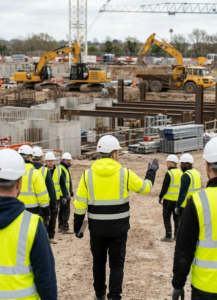 OAKLINE The Blake Hi Vis Executive Vest in yellow - walking down a hill on a construction site