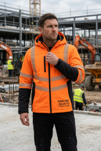 OAKLINE The Kimi Hi Vis Jacket in Orange - front - model holding zip on a busy construction site