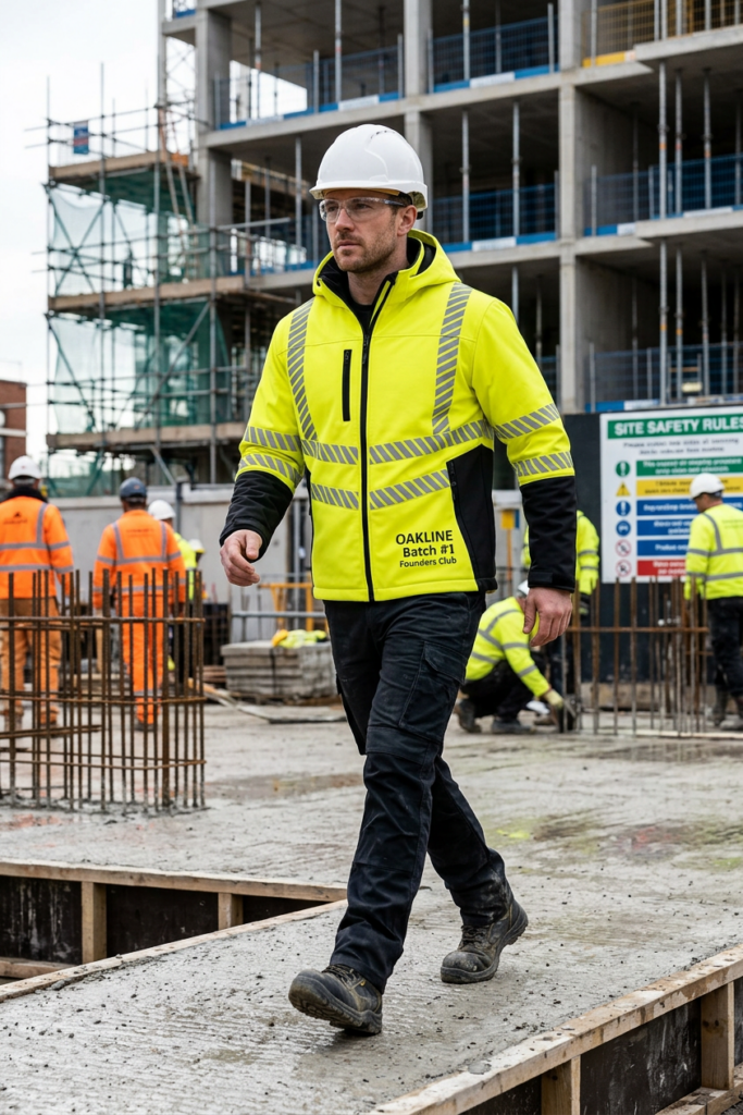 OAKLINE The Kimi Hi Vis Yellow Jacket - walking on a live construction site