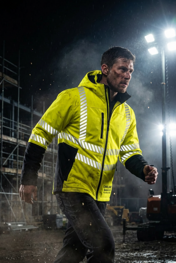 OAKLINE The Kimi Hi Vis yellow jacket - night time light shining on jacket