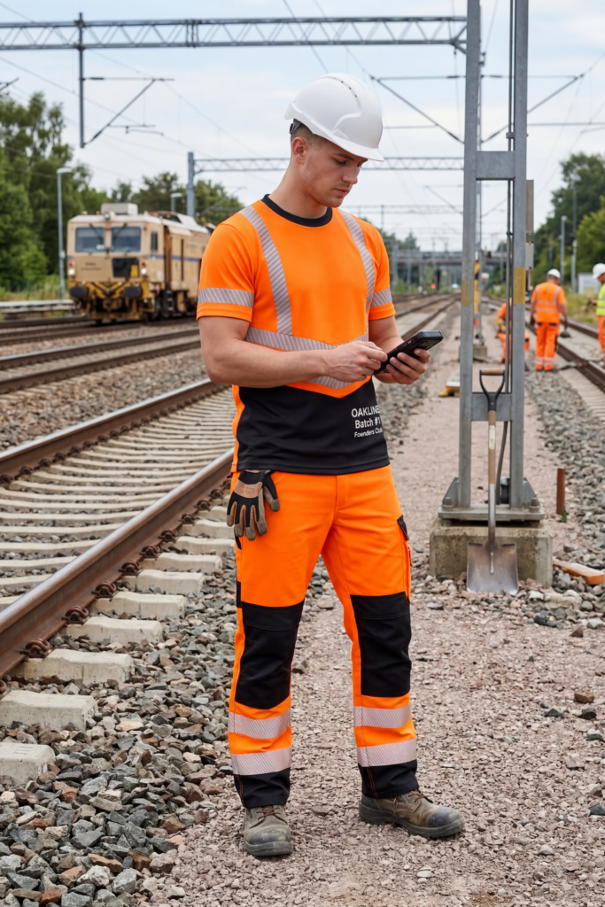 OAKLINE The Robin Hi Vis T Shirt in orange - working on a mobile phone, trackside