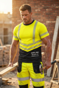OAKLINE The Robin Hi Vis T Shirt in Yellow - model wearing this t shirt with a hammer in hand