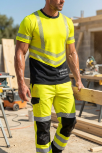 OAKLINE The Robin Hi Vis T Shirt in Yellow - strong man carrying a wooden beam on site