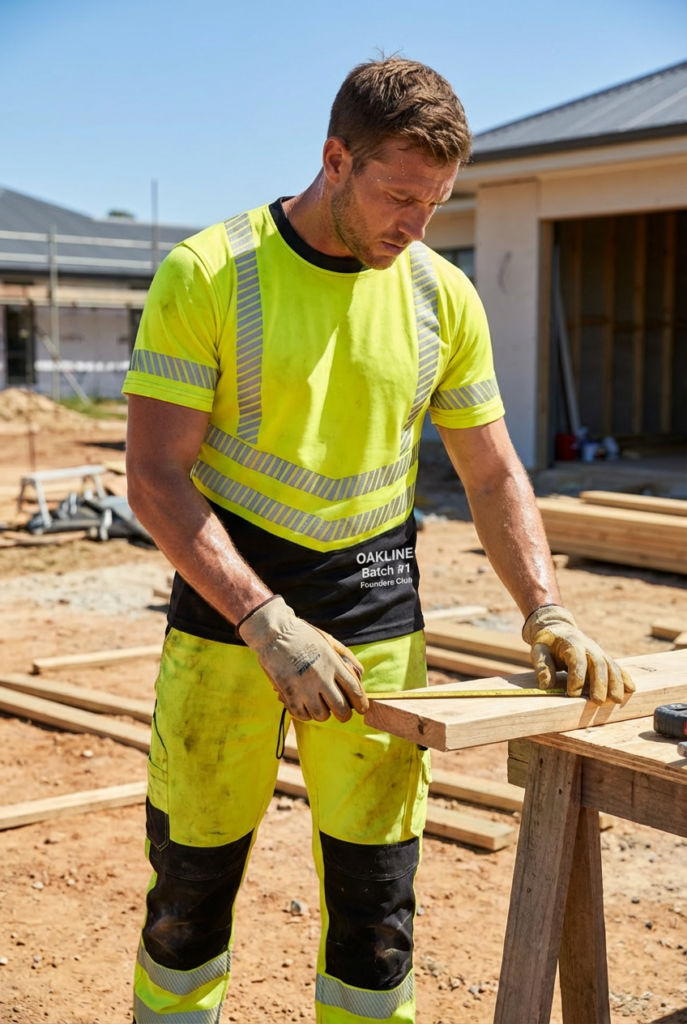 OAKLINE The Robin Hi Vis T Shirt in Yellow - working on a wooden bench - construction UK