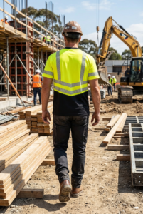 OAKLINE The Robin Hi Vis T Shirt in Yellow - Rear - through construction site