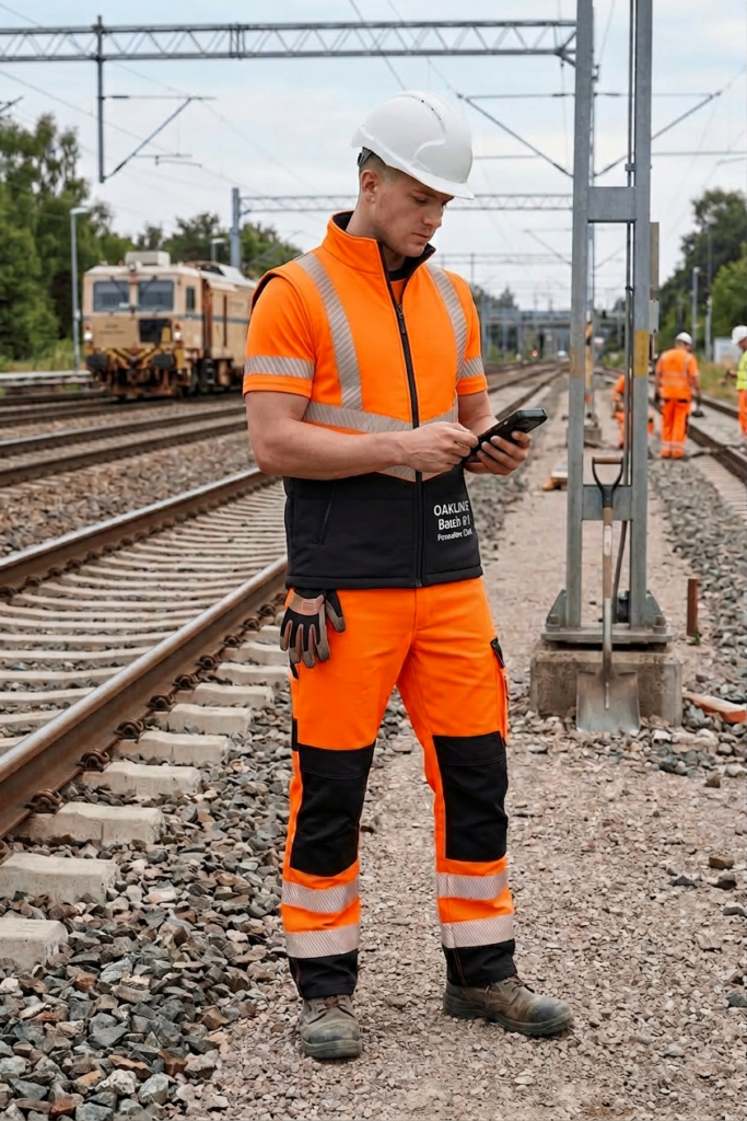 OAKLINE The Tod Hi Vis Bodywarmer being worn over the OAKLINE The Robin hi vis T Shirt - on the railways