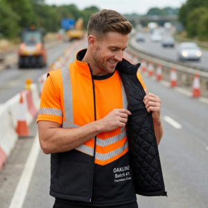OAKLINE The Tod Hi Vis Bodywarmer in orange - showing the inside which is quilted lining
