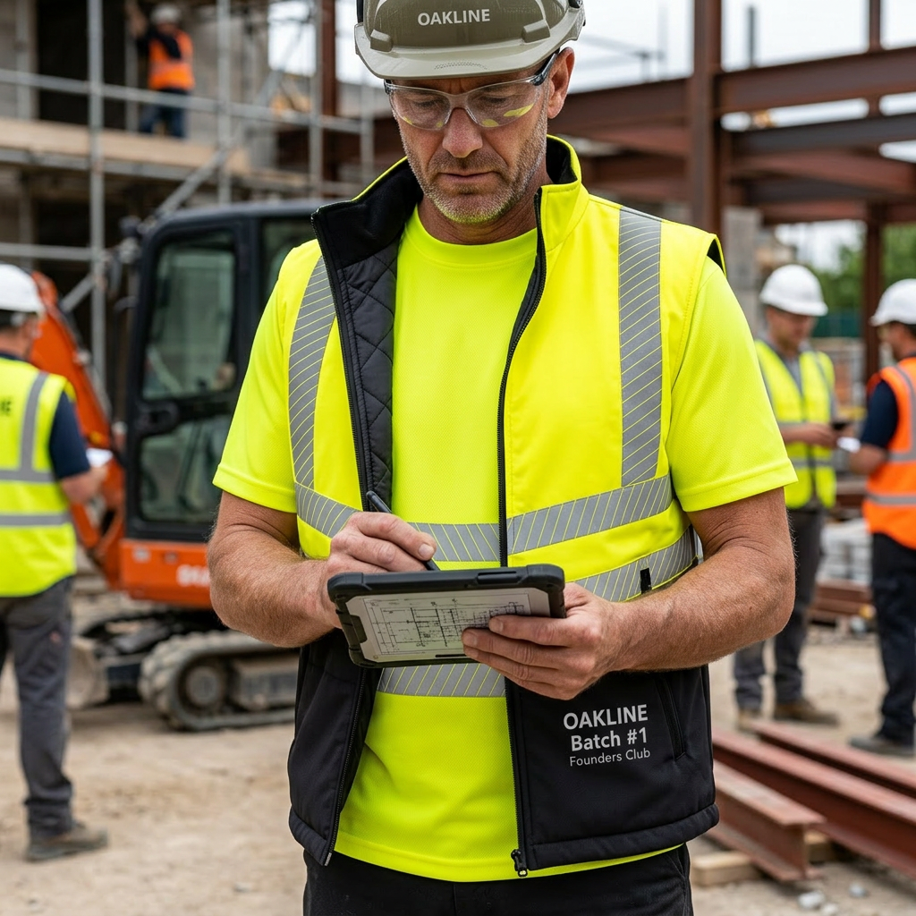 OAKLINE The Tod Hi Vis Bodywarmer - in yellow - operating a tablet on site