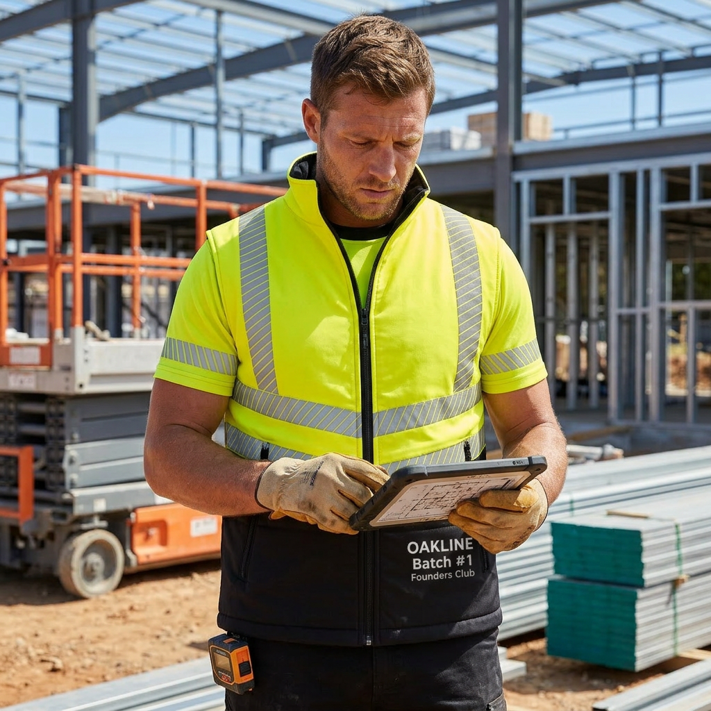 OAKLINE The Tod Hi Vis Bodywarmer - Front angle - model working an ipad on a construction site