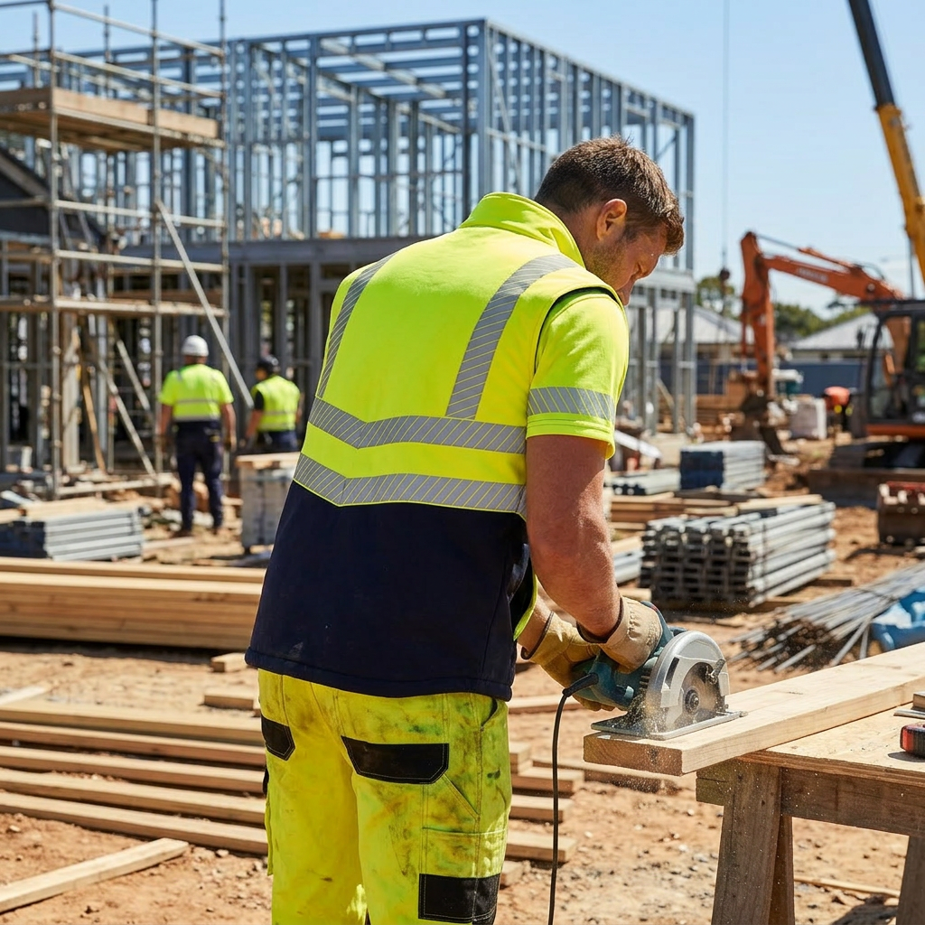 OAKLINE The Tod Hi Vis Bodywarmer in Yellow - working on a UK construction site